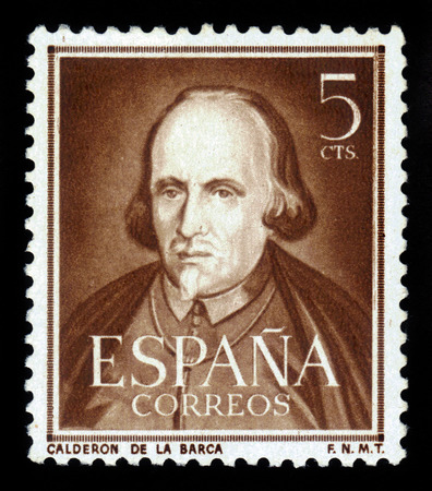 Spain - CIRCA 1951: A stamp printed in Spain, shows portrait Pedro Calderon de la Barca, Spanish dramatist, poet, circa 1951のeditorial素材