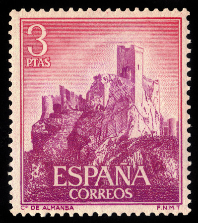 Spain - CIRCA 1966: A stamp printed in Spain, shows Almansa Castle, Albacete,  circa 1966のeditorial素材
