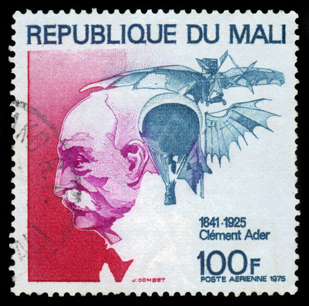 MALI - CIRCA 1975: a souvenir sheet printed in Republic of Mali, shows Clement Ader, french inventor and engineer and his flying machines, circa 1975のeditorial素材