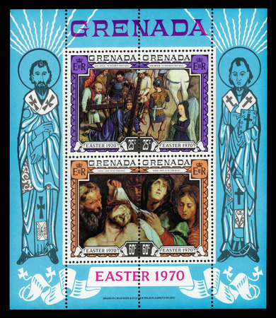 Grenada - CIRCA 1970: a souvenir sheet printed in Grenada, shows paintings by Hans Memling, Passion of Christ and by Rubens, Christ in the Tomb, circa 1970のeditorial素材