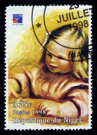 REPUBLIC NIGER - CIRCA 1998: A stamp printed in Niger shows painting by Pierre Auguste Renoir, portrait Jean Renoir 1901, series, circa 1998のeditorial素材