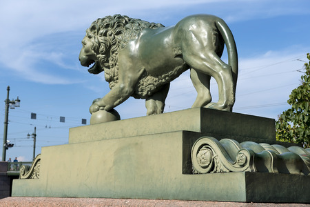 Lions at the Admiralty embankment, two lion sculptures in bronze, copies of the late 16th century Italian Medici lions in Florence, Saint Petersburg, Russiaのeditorial素材