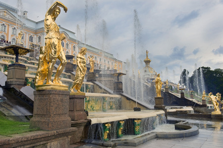 gold plated sculptures by fountains Grand cascade in Pertergof, Saint-Petersburg, Russiaのeditorial素材