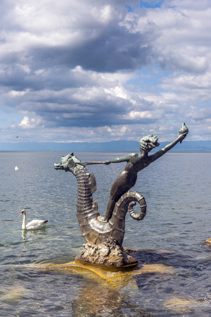 Vevey, Switzerland - September 01: sculpture in the form of a girl with a seashell on the seahorse by Edouard-Marcel Sandoz, Vevey, Lake Geneva, Switzerland on September 01, 2014のeditorial素材