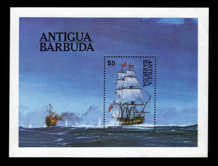 Antigua and Barbuda - CIRCA 1984: a souvenir sheet printed in Antigua and Barbuda shows sea ​​fight, circa 1984のeditorial素材