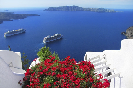 scenic view in white-blue colors on the Santorini island, Greeceのeditorial素材