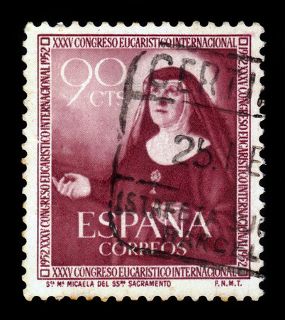 Spain - CIRCA 1952: A stamp printed in Spain, shows image of Saint Maria Micaela Desmaisieres, founder of the Handmaids of the Blessed Sacrament and of Charity, circa 1952のeditorial素材