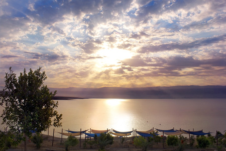 beautiful dawn over the Dead Sea, north shore, Biankini Beach, Israelの写真素材