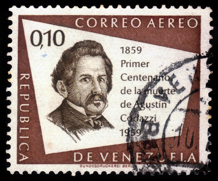 Venezuela - CIRCA 1960: A stamp printed in Venezuela shows portrait of Agustin Codazzi, was an italian military, scientist, geographer and cartographer, centenary of the death, circa 1960のeditorial素材