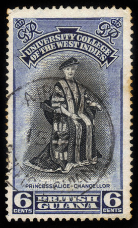 British Guiana - CIRCA 1951: A stamp printed in British Guiana (now Guyana) shows Princess Alice - Chancellor, university Issue, circa 1951のeditorial素材