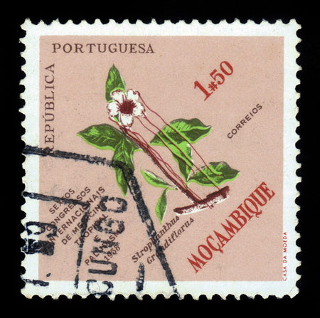 Mozambique - CIRCA 1958: a stamp printed in Mozambique shows strophanthus grandiflorus, deciduous shrub, 6th congress of tropical medicine, circa 1958のeditorial素材