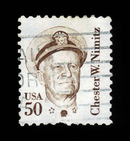 UNITED STATES OF AMERICA - CIRCA 1985: A stamp printed in the United States shows portrait of Chester W. Nimitz, former Admiral of the US Navy, series great americans, circa 1985のeditorial素材