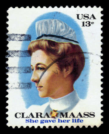 USA - CIRCA 1976: a stamp printed in the USA shows Clara Louise Maass, was an american nurse who died as a result of volunteering for medical experiments to study yellow fever, circa 1976のeditorial素材