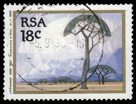 SOUTH AFRICA - CIRCA 1989: A stamp printed in South Africa shows painting by Jacob Hendrik Pierneef (1886-1957), circa 1989のeditorial素材