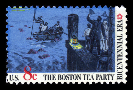 UNITED STATES  CIRCA 1973: a stamps printed in USA showing an The Boston Tea Party was a nonviolent political protest by the Sons of Liberty in Boston on December 16 1773 circa 1973の写真素材