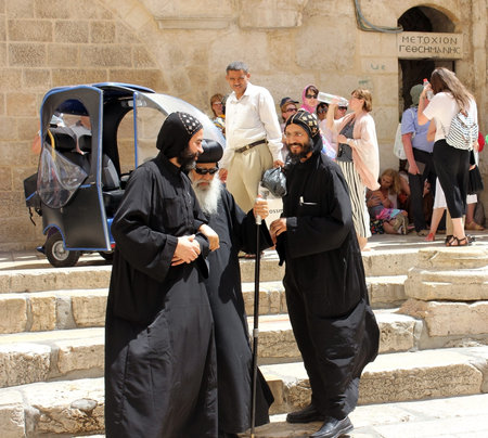 JERUSALEM, ISRAEL - June 03, 2015: Coptic Bishop visits the Holy Sepulcher in Jerusalem on June 03,...