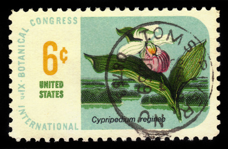 UNITED STATES - CIRCA 1969: A stamp printed in USA shows Lady's-slipper Cypripedium reginae, Botanical Congress Issue, circa 1969のeditorial素材