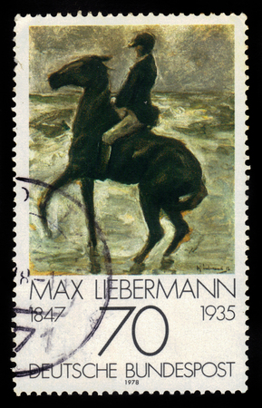 GERMANY - CIRCA 1978: a stamp printed in Germany shows rider at the beach painting by Max Liebermann, german impressionist painter and printmaker, series german impressionism, circa 1978のeditorial素材