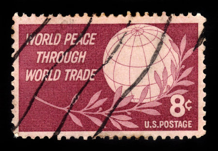 USA - CIRCA 1959: a stamp printed in USA shows Globe and Laurel, World Peace Through World Trade,...