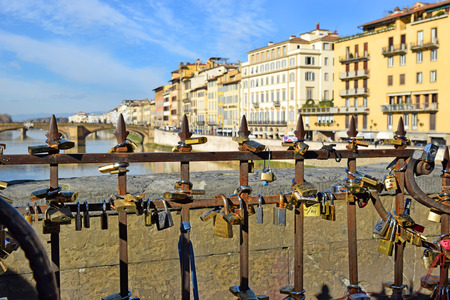 padlocks on the Ponte Vecchio, symbolizing everlasting love in Florence, Italyの写真素材
