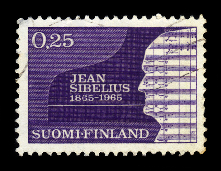 FINLAND - CIRCA 1965: a stamp printed in Finland shows silhouette of Sibelius, Jean (1865-1957), composer, 100th birth day, circa 1965のeditorial素材