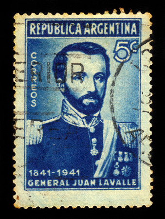 ARGENTINA - CIRCA 1941: a stamp printed in the Argentina shows general Juan Lavalle, 11th governor of Buenos Aires province, circa 1941のeditorial素材