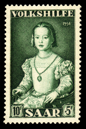Germany, Saarland - CIRCA 1954: a stamp printed in the Saar, Germany shows painting "Bianca de Medici" by Agnolo Bronzino, circa 1954のeditorial素材