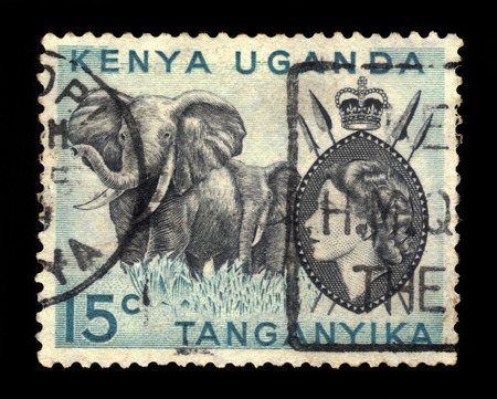 KENYA, UGANDA AND TANGANYIKA - CIRCA 1954: a stamp printed in East African postal Union (Kenya, Uganda, Tanganyika) showing image of a elephant with spears and shield, circa 1954のeditorial素材
