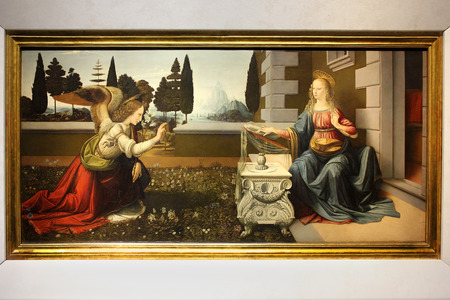 FLORENCE, ITALY - January 20, 2016: The Annunciation, painting by Leonardo da Vinci, on display at the Uffizi Gallery (Galleria degli Uffizi), Florence, Italyのeditorial素材