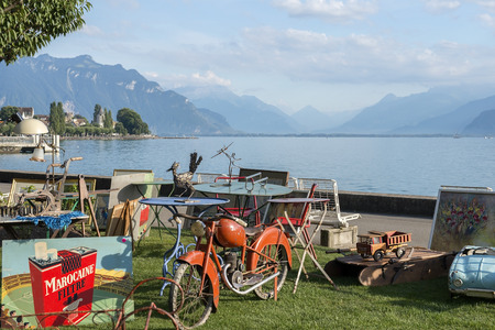 Montreux, Switzerland - September 02: flea market on the promenade of Lake Geneva in Montreux, Switzerland on September 02, 2016のeditorial素材