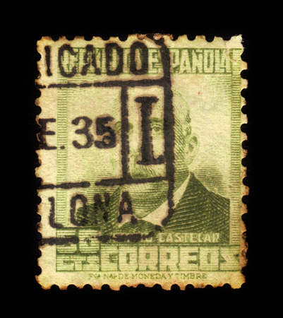 SPAIN, CIRCA 1932: stamp printed in Spain , showing portrait Emilio Castelar y Ripoll (1832-1899), spanish republican politician and a president of the First Spanish Republic, circa 1932のeditorial素材