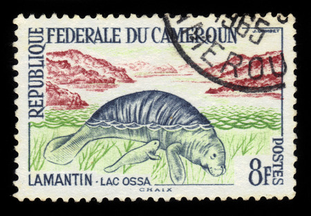 Cameroon - CIRCA 1962: A stamp printed in Cameroon shows African Manatee (Trichechus manatus senegalensis), circa 1962のeditorial素材