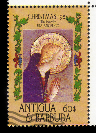 Antigua and Barbuda - CIRCA 1985: A stamp printed in Antigua and Barbuda shows Nativity by Fra Angelico, circa 1985のeditorial素材