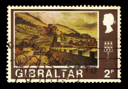 GIBRALTAR - CIRCA 1971: A stamp printed in Gibraltar shows Gibraltar from the North Bastion (Early 19th century), circa 1971のeditorial素材