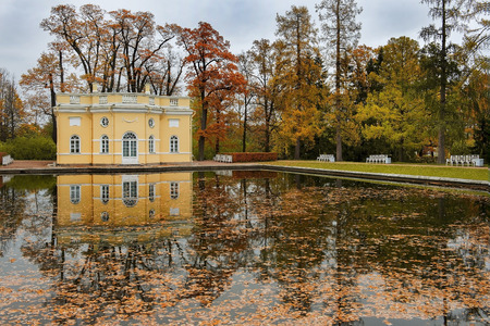 The Upper Bathhouse Pavilion reflected in a mirror pond in Catherine Park. The Tsarskoye Selo (Pushkin) is State Museum-Preserve and located near Saint-Petersburg, Russiaのeditorial素材