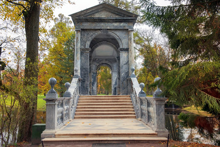 Marble (Palladian) bridge or Siberian Marble Gallery in Catherine park, Tsarskoye Selo (Pushkin), architect V. Neyelov, neighborhood of Saint-Petersburg, Russiaの写真素材