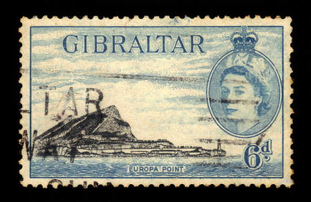 GIBRALTAR - CIRCA 1953: A stamp printed in Gibraltar shows Europa Point, southernmost point of Gibraltar, circa 1953のeditorial素材