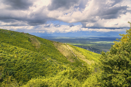 view of the Alazani valley from the height of the hill Signagi, Kakheti region, Georgiaの写真素材