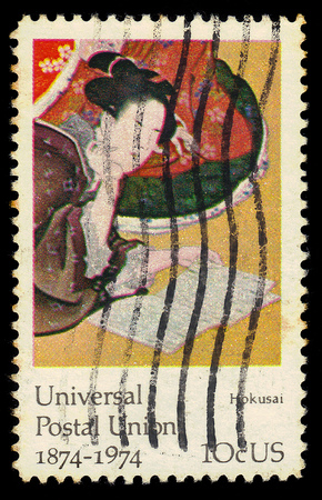 UNITED STATES OF AMERICA - CIRCA 1974: A stamp printed in USA shows painting "Five Feminine Virtues," by Hokusai, honoring the 100th anniversary of the Universal Postal Union, circa 1974のeditorial素材