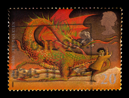 UNITED KINGDOM - CIRCA 1998: A stamp printed in Great Britain shows  illustrations for the book " the Hobbit or There and Back Again " by english author J. R. R. Tolkien, circa 1998のeditorial素材