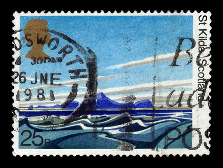 UNITED KINGDOM - CIRCA 1981: A stamp printed in Great Britain shows archipelago St Kilda, Scotland, 50th anniversary of the National Trust for Scotland - Britis, circa 1981のeditorial素材