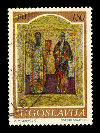 Yugoslavia - CIRCA 1968: A stamp printed in Yugoslavia shows medieval icon St Sava and St Simeon, was a serbian princes and orthodox monks, first Archbishop of the autocephalous Serbian Church, circa 1968のeditorial素材