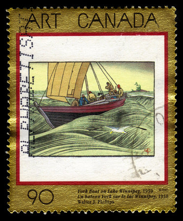 CANADA - CIRCA 1997: A stamp printed in Canada shows York Boat on Lake Winnipeg, 1930, painting by Walter J. Phillips, series canadian art, circa 1997のeditorial素材