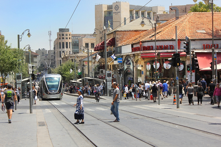 JERUSALEM, ISRAEL - June 15, 2017: cityscape with light rail  at the Jaffa Road, one of the most famous streets in the heart of the city of Jerusalem, Israelのeditorial素材