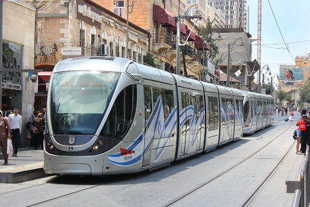 JERUSALEM, ISRAEL - June 15, 2017: cityscape with light rail  at the Jaffa Road, one of the most famous streets in the heart of the city of Jerusalem, Israelのeditorial素材