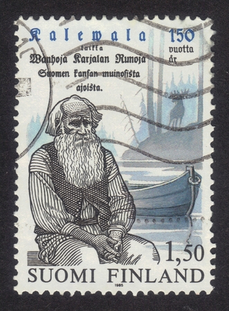 FINLAND - CIRCA 1985: a stamp printed in Finland shows portrait Petri Shemeikka (1821-1915) karelian poet singer, series centenary of the national epic Kalevala, circa 1985のeditorial素材