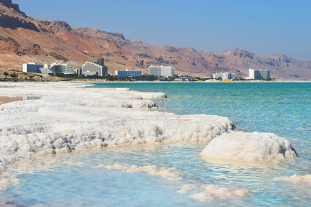 salt deposits, typical landscape of the Dead Sea, Israelの写真素材