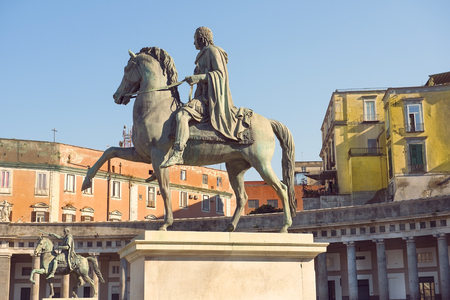 NAPLES, ITALY - MAY 18, 2017: equestrian statues of Charles III of Spain (sculptor - Antonio Canova) and Ferdinand I, King of Naples (Antonio Cali) in front of the Basilica of San Francesco di Paola on Plebiscito Square, Naples, Italyのeditorial素材