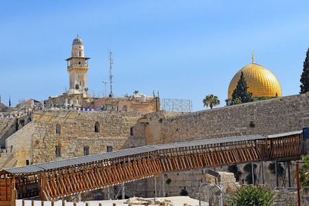 Mughrabi Bridge is a wooden bridge connecting the Western Wall area with the Mughrabi Gate of the Temple Mount in Jerusalem, Israelの写真素材