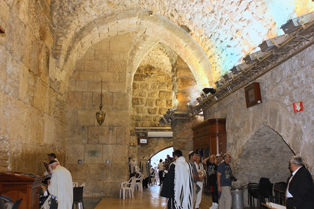 JERUSALEM, ISRAEL - June 15, 2017: religious jews, pray in the synagogue at the Wailing Wall ( Western Wall or Kotel ), Old City of Jerusalem, Israelのeditorial素材